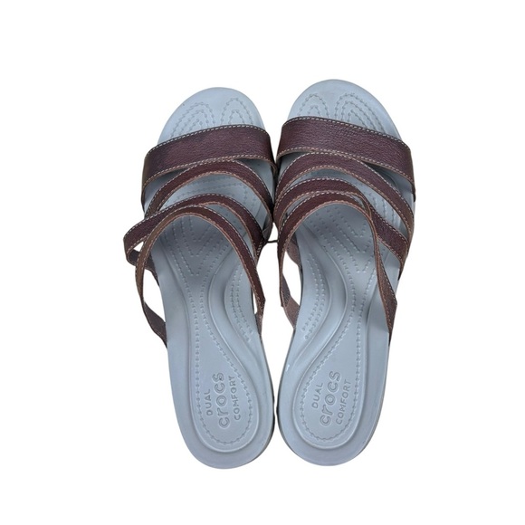 CROCS Leigh-Ann Leather Brown Wedge Sandals women’s Sz 8 - Picture 7 of 10